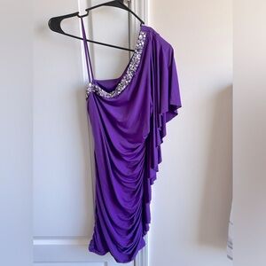 Knee length, one shoulder, worn once, rhinestones all in tact.